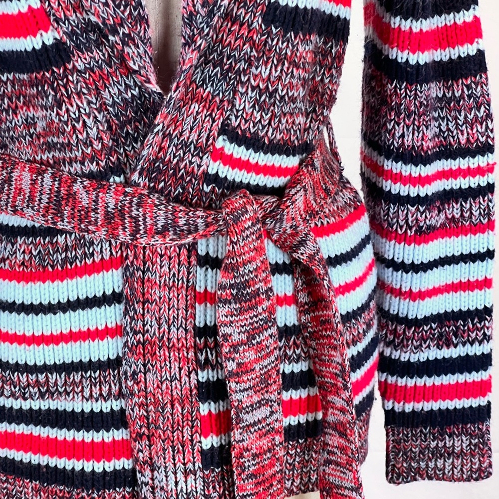 VINTAGE 60s 70s wrap knit sweater cardigan space dyed multicolor stripe belt‎ - Picture 5 of 10